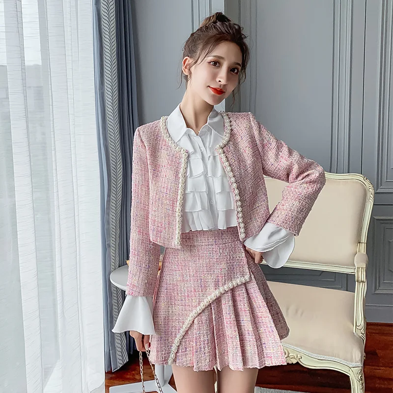 Women Autumn Winter Skirt 2 Piece Sets Lady Fashion Elegant Peals Jacket Coat + Mini Pleated Skirt Suit Female Outfit Tweed Sets