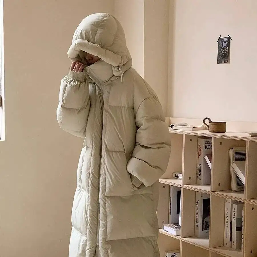 Umi mao grande colcha longa sobre o joelho com capuz jaqueta para mulher 2024 inverno novo solto grosso quente para baixo jaqueta femme