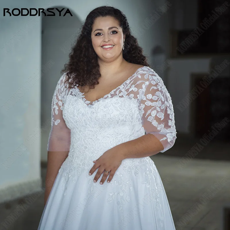 RODDRSYA 3/4 maniche abito da sposa per Plus Size abiti da sposa con scollo a v vestido noiva boho Lace Up abito da sposa Beach Custom Made 3/4 Maniche Abito da sposa Per Plus Size Bridal V-Neck Appliques vestido noiva