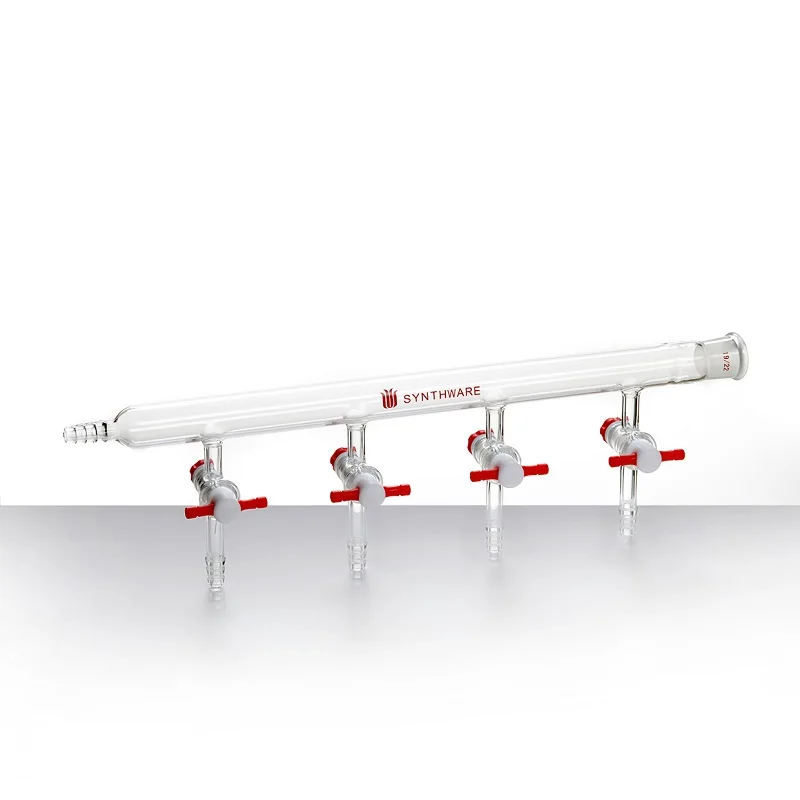 SYNTHWARE Vacuum gas distributor with single row pipe, Left nozzle joint 10mm, Right ground joint 19/22, Borosilicate glass, M46