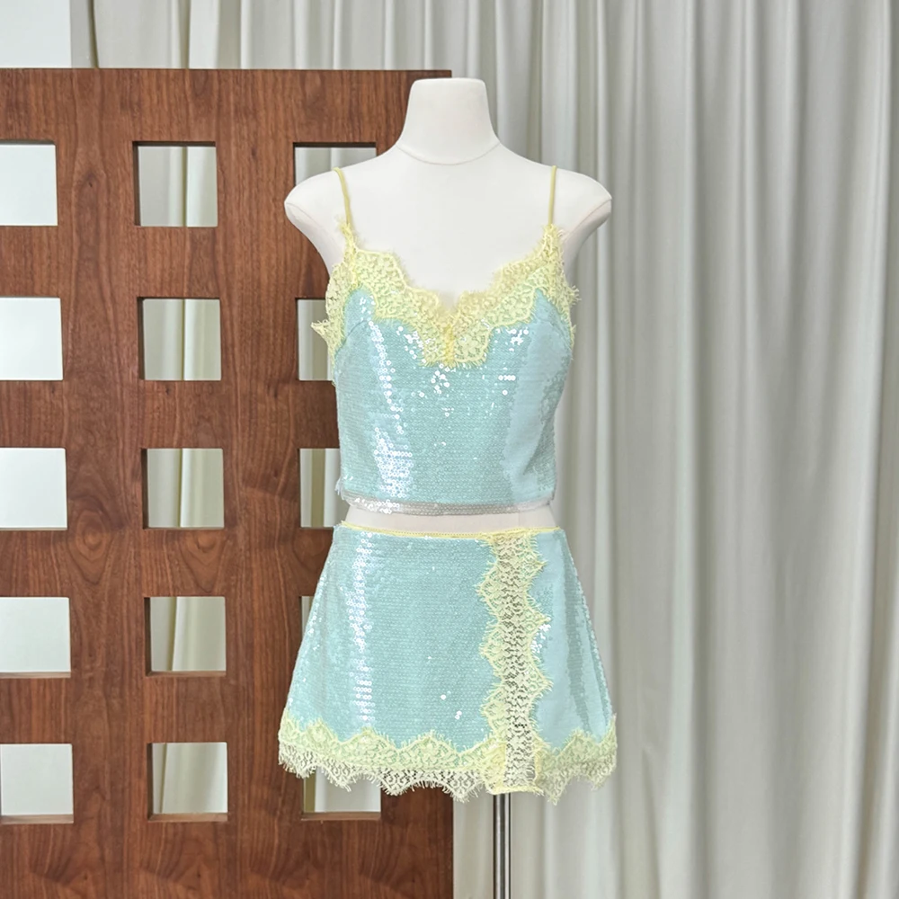 Fashionable Sexy Sequin Lace Patchwork Two Piece Skirt Set Backless Cami Crop Top Mini Skirt Birthday Party Clubwear