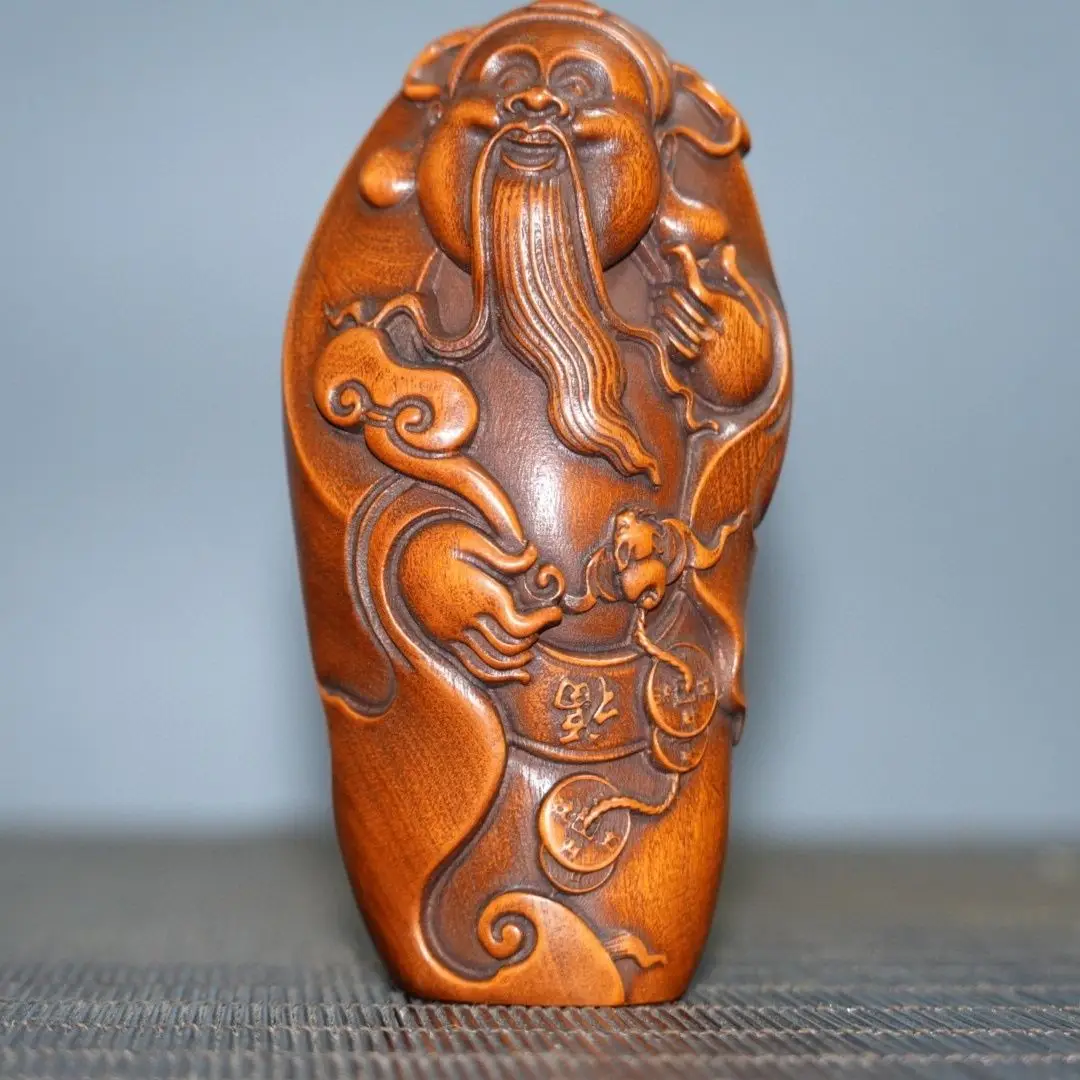 Hand Carved Wood Long-bearded God of Wealth Statue Figurine Desktop Ornaments Home Decoration Crafts Tea Pet Decor