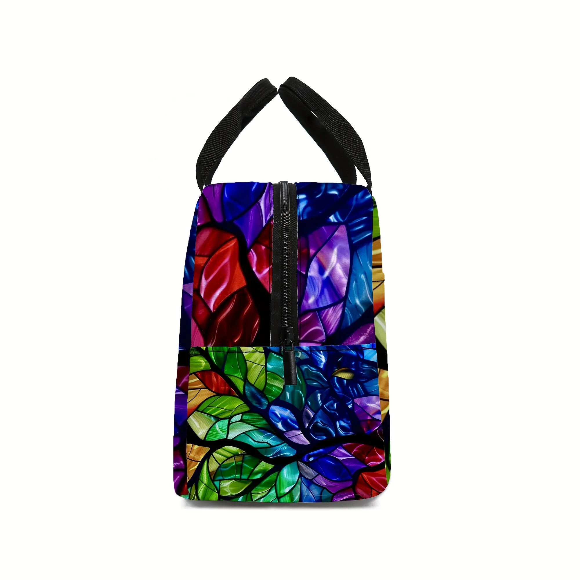 Colorful Stained Glass Style Leaves Print Lunch Bag Insulated Reusable Thermal Tote Portable Cooler Bag for Work School Picnic