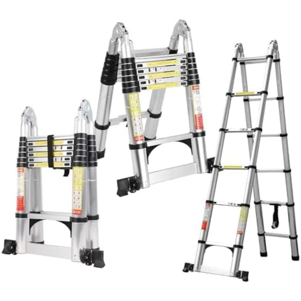 14.5FT A Frame Telescoping Ladder, Extension Ladder w/Balance Bar & Wheels, Retractable Ladder A Frame, 330lbs Capacity Collapsi