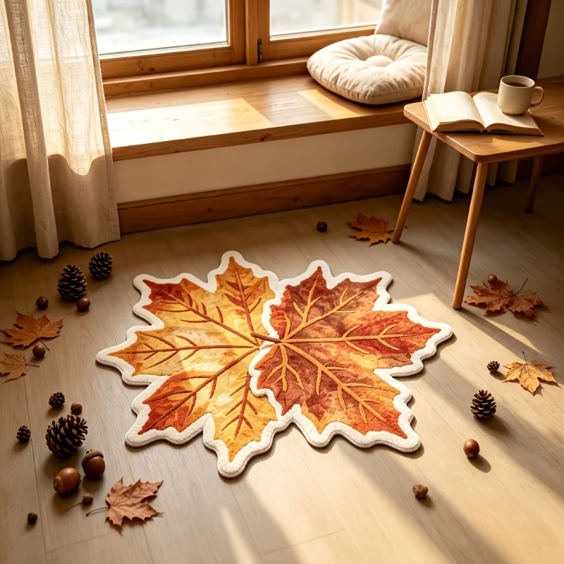 VIKAMA Maple Leaf Plush Rug Autumn Non-Slip Soft Washable Fluffy Carpet Nordic Style Floor Mat for Bedroom Living Room