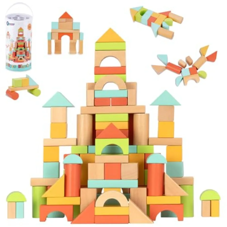 

Wooden Building Blocks for Toddlers 1-3, 100 Pcs Wood Blocks Set - Sorting and Stacking Toys with Storage and Lid, Kid Montori
