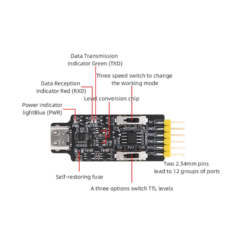 ALIENTEK TYPE-C USB to 485 Serial Port USB to TLL Serial Port TLL to 485 Serial Port Module Converter MO340P 1.8V 3.3V 5V
