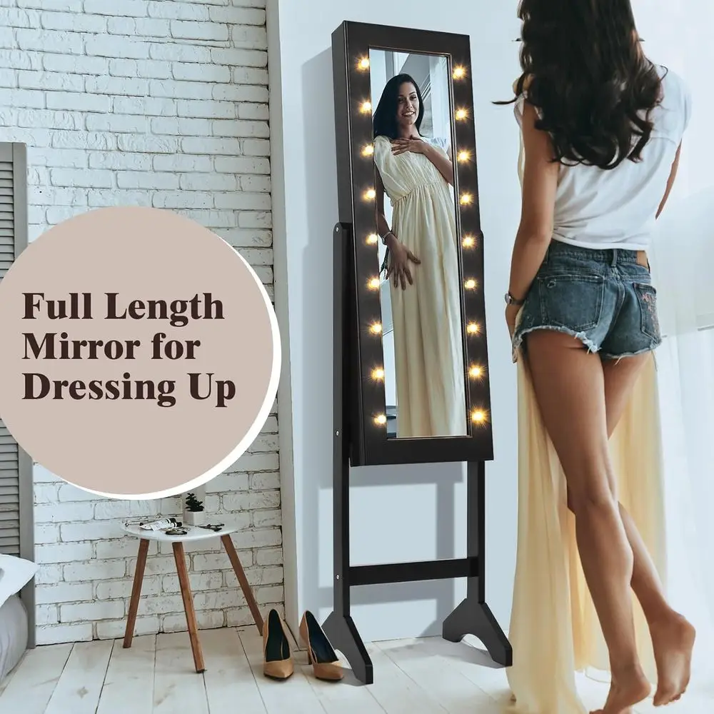 Black Full-Length Mirror Jewelry Cabinet with LED Lights, Storage, Lipstick Holders, Shelves, Earring Notches & Makeup Mirror