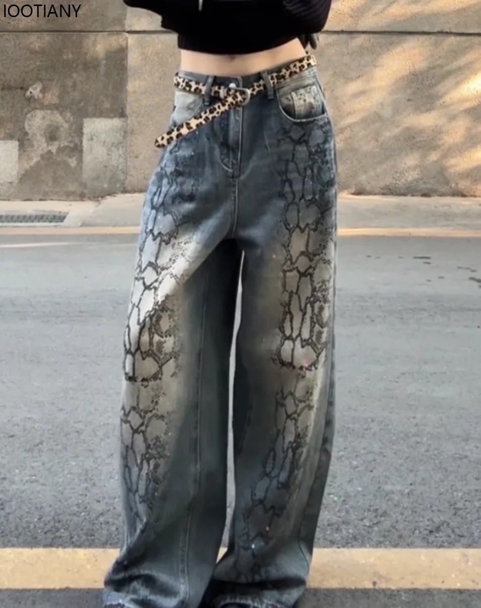 Y2k Jeans Women's American Retro Snake Pattern Hot Stamping High Waist Heavy Loose Straight Pants Loose Mopping Wide Leg Pants
