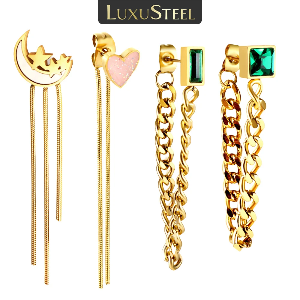 LUXUSTEEL Star Pink Heart Drop Earring for Women Girl Stainless Steel Green Rhinestone Female Hoop Earrings Jewelry Party Gifts