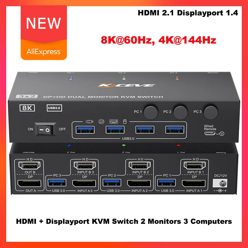 8K@60Hz 4K@144Hz HDMI + Displayport Dual Monitor KVM Switch 2 Monitors 3 Computer with 4 USB 3.0 Port for Keyboard Mouse Printer