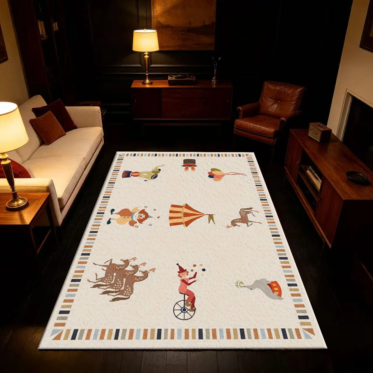 Vintage Circus Clown Animal Tent Kids Rug Non-Slip Play Carpet Suitable for Children's Room Playroom Bedroom Home Decor