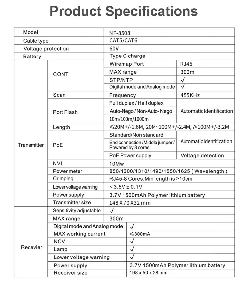 NF-8508 Kabeltester Tracker Länge messen Wiremap LCD PoE-Test VFL & OPM CAT5 CAT6 RJ45 Tester Kabellocator Inspektionswerkzeuge – Detail 15