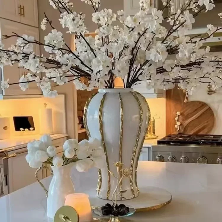 Ceramic General Jar Electroplated Gold Plaid Artwork Storage Jar Home Decor Hotel Display Vase Dry Dried Flowe Vase With Lid