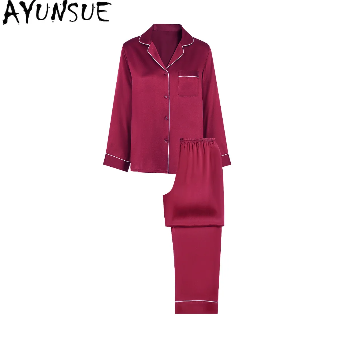 AYUNSUE 16Mm 100% Mulberry Silk Sleepwear Women Spring Summer Clothes Pajama Set Long Sleeve Top Long Pants Women's Home Clothes