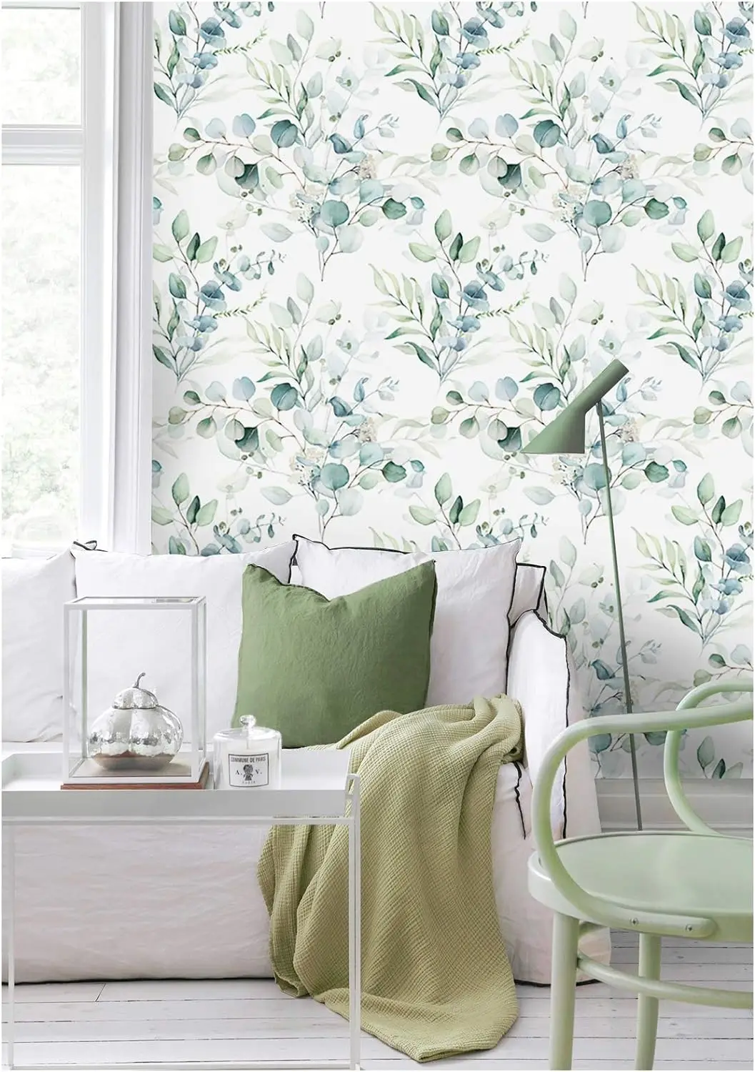 customized Green Leaves Peel and Stick Green/White Eucalyptus Leaf Floral Self Adhesive Wallpaper Wall Mural Home Nursery Decor