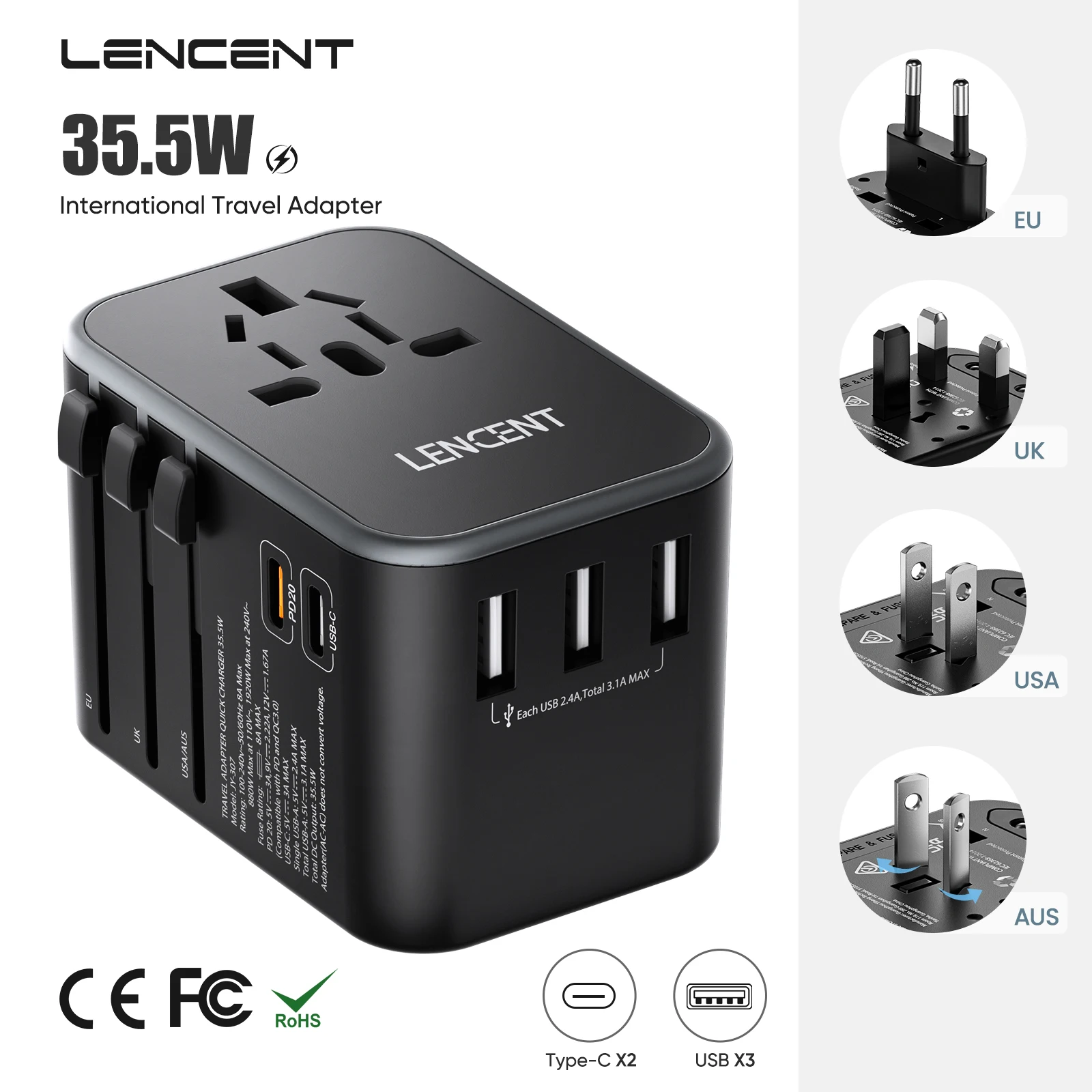 LENCENT 65W/45W/30W GaN Universal Travel Adapter with USB-A and Type C Fast Charging Power Adapter EU/UK/USA/AUS Plug for Travel