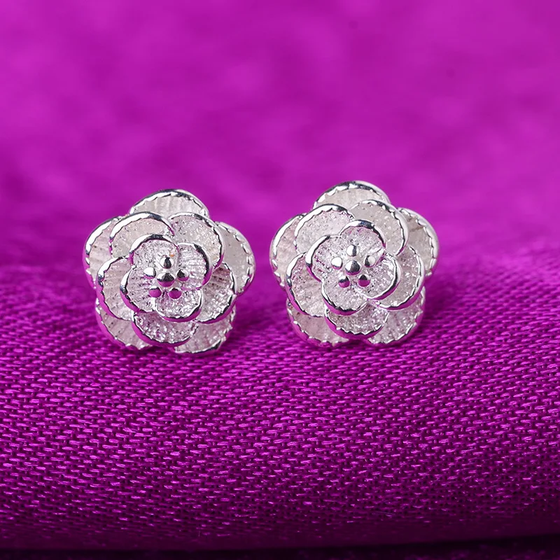Hot 925 Sterling Silver Pretty rose kolczyki sztyfty z kwiatem dla kobiet moda klasyczne wesele biżuteria prezenty świąteczne