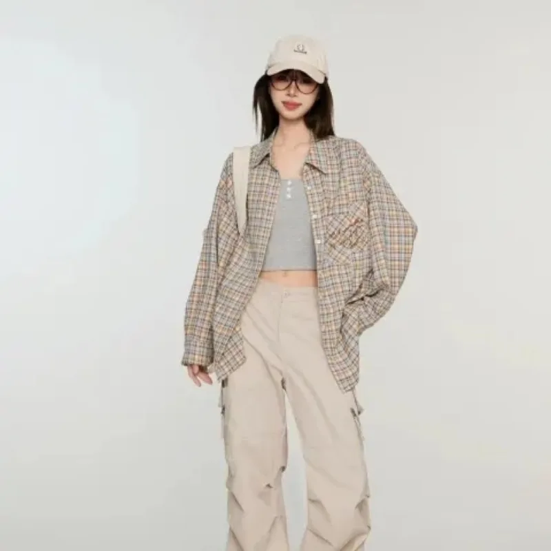 Spring Autumn Fashion Women Vintage Chic Plaid Shirt Long Sleeve Blouse Y2K Streetwear Checkered Casual Outerwear Female Tops
