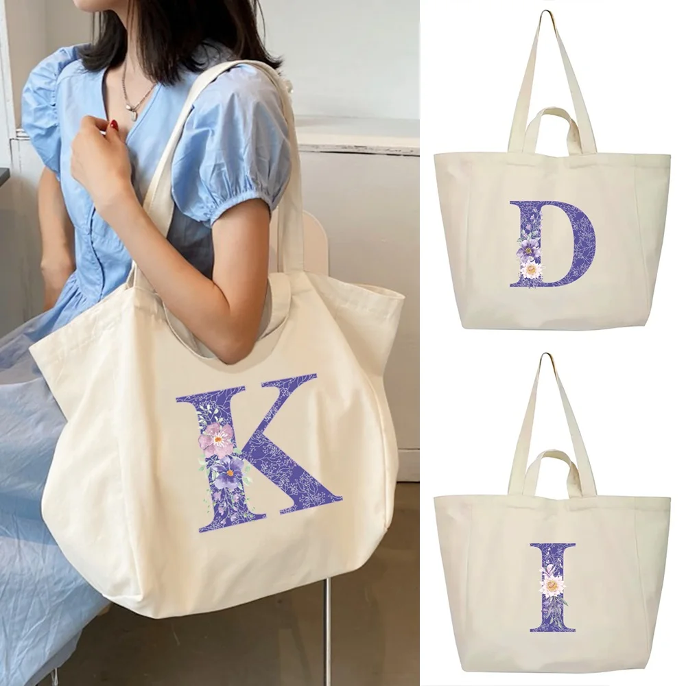 Unisex Shopping Bags Large Capacity Shoulder Bag Purple Flower Letter Series Student Campus Daily Tote Bag Versatile Storage Bag
