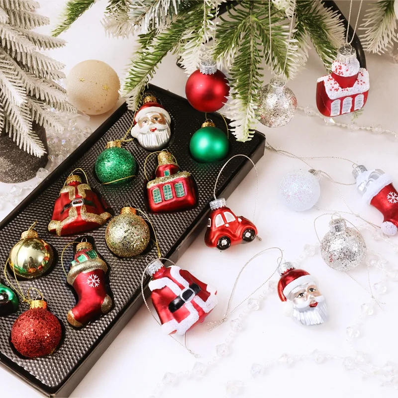 

New 10Pcs/Boxed Mini Painted Santa Claus Glass Christmas Balls Christmas Tree Candy Cane Decoration Home Party Hanging