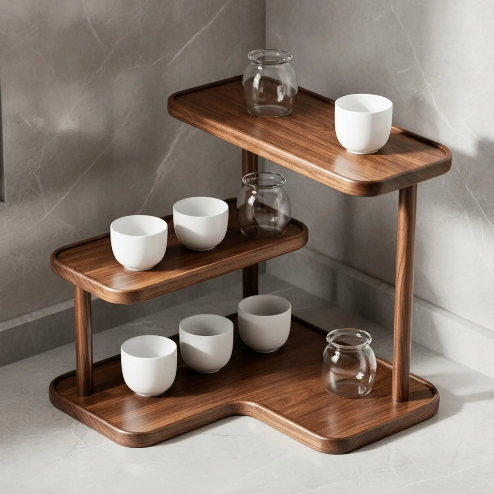 Bamboo Corner Shelf for Kitchen Counter Storage Rack Three Tier L Shaped Display Stand for Books and Decorative Items
