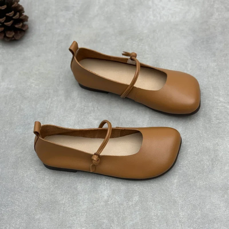 Handmade Genuine Leather Mary Janes Women 2025 Spring Mori Girl Flat Shoes Retro First Layer Cowhide Pumps Elegant Ballet Flats