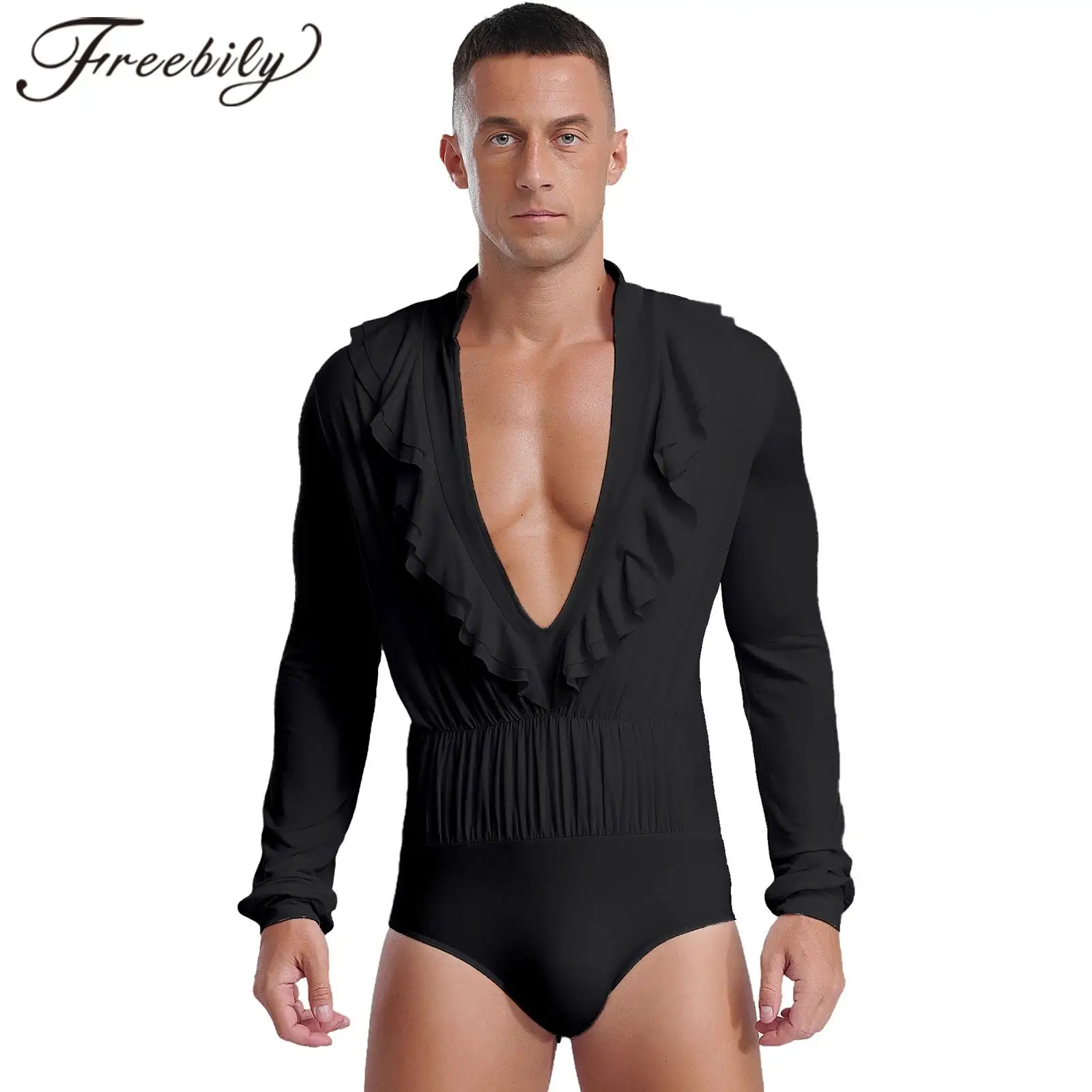 

Mens Latin Dance Bodysuit Tops Ruffle Deep V-neck Long Sleeve Cha-Cha Tango Rumba Jumpsuit Ballroom Leotards Performance Costume