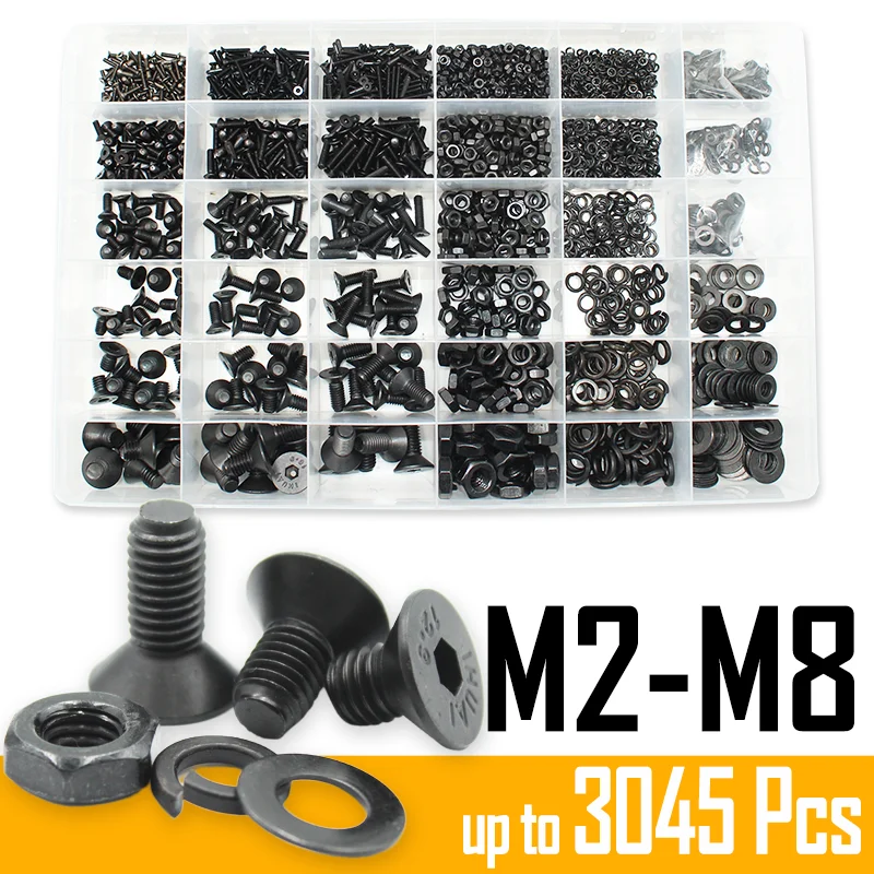 3045p Black Flat Head Socket Cap Screw Countersunk Bolts Nuts Washers Kit M2 M2.5 M3 M4 M5 M6 M8 10.9 Grade Alloy Steel DIN 7991