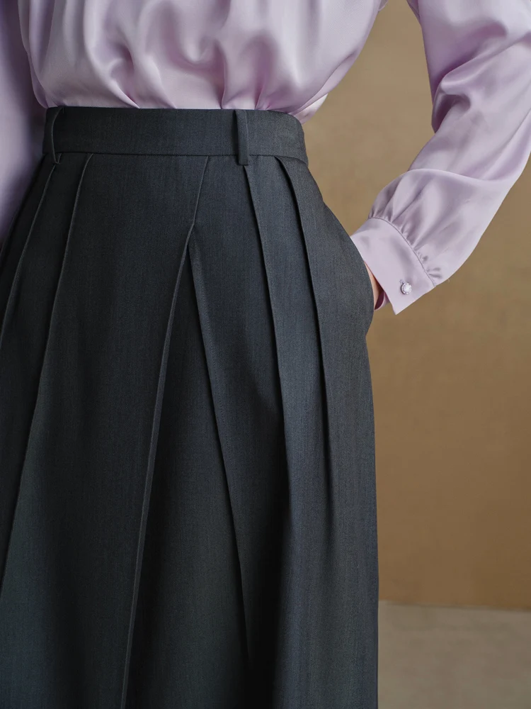 DUSHU Office Lady Temperament Dark Grey A-LINE Skirts High Waist Zipper Waist Mid-Calf Pleated FemaleLong Asymmetrical Skirt