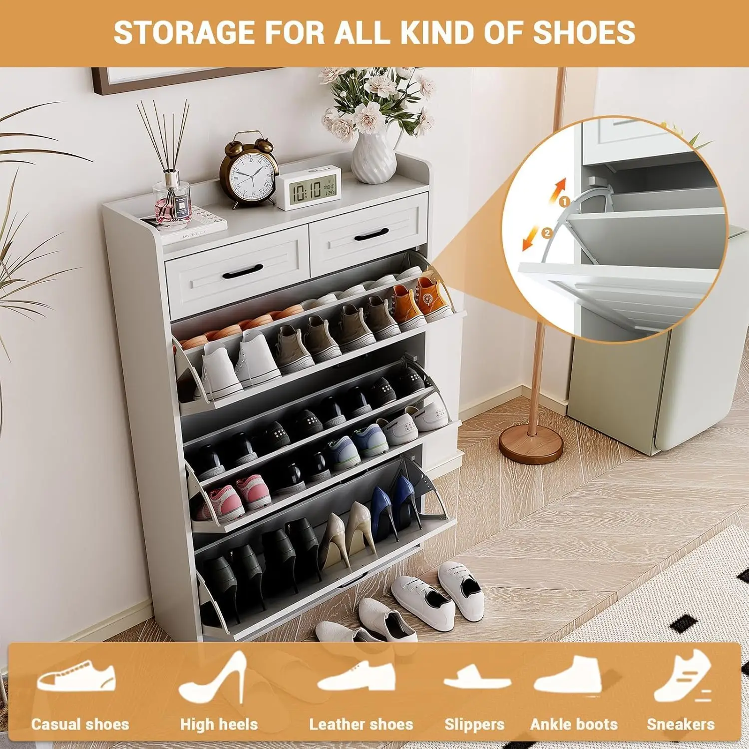 White Hidden Wood Shoe Storage Cabinet with 3 Flip Drawers for Entryway Narrow Shoe Rack Freestanding Shoes Organizer Cabinet