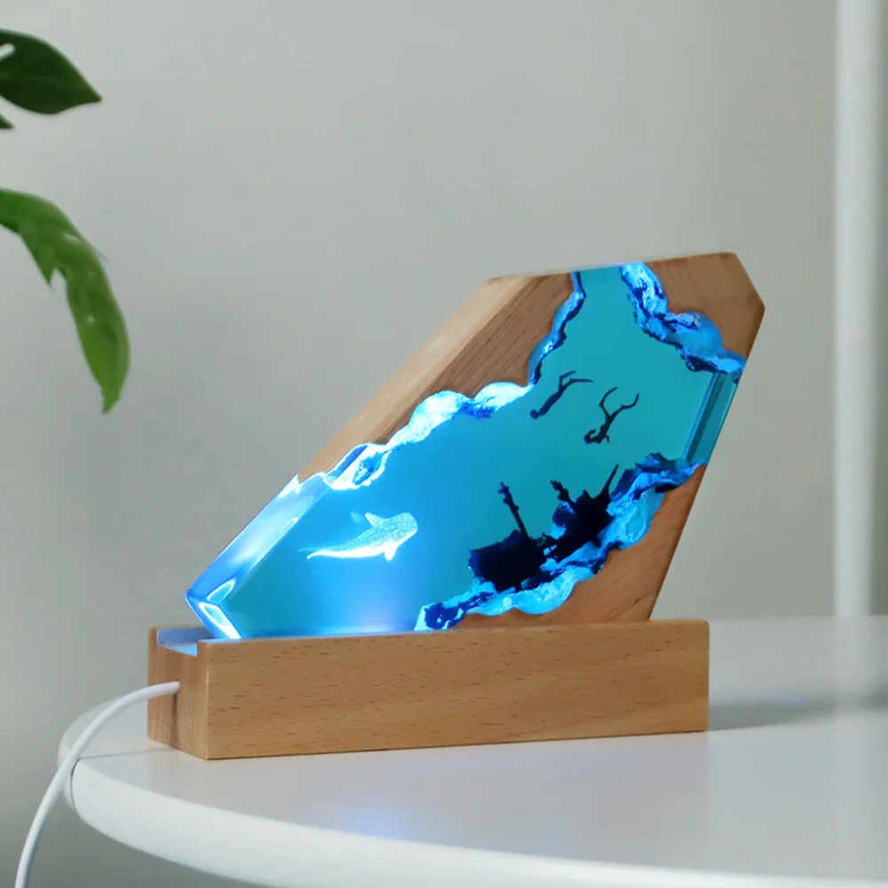 Ocean Micro Landscape Resin Night Light Handmade Epoxy Wood Base Craft Holiday Gift for Friends Home Decor
