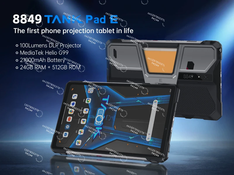 8849 Tank Pad E Tablet 4G IP69K 10.95 ''Projetor Tablet PC 12 + 512GB 21000mAh 32MP + 50MP Luz de acampamento Android 14 Tank Pad