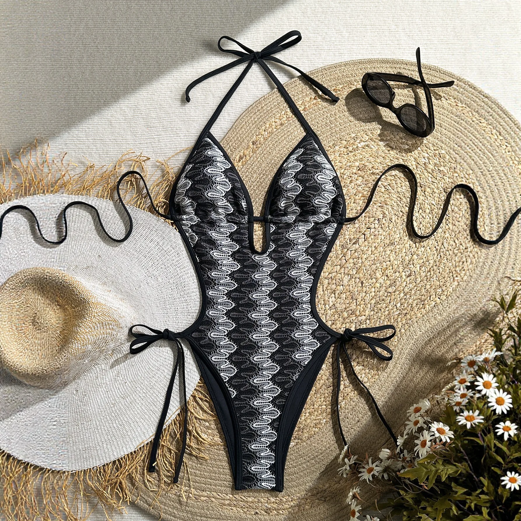 Women One Piece Elegant Lace Monokini Bikinis Mesh Lining Wavy Embossed Lace Halter Deep V Cutout Hollow High Cut Swim Bodysuit