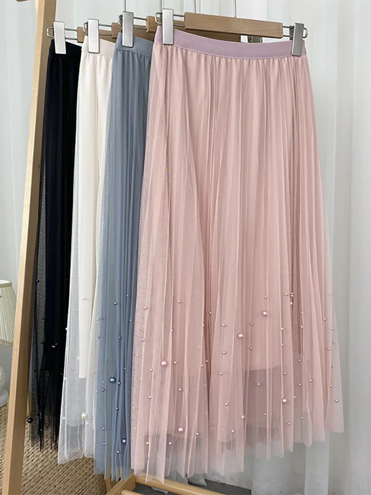 

Croysier Spring Summer 2022 Women Fashion Faux Pearl Beaded Tulle Pleated Midi Skirt Casual Elastic High Waist Skirts Womens