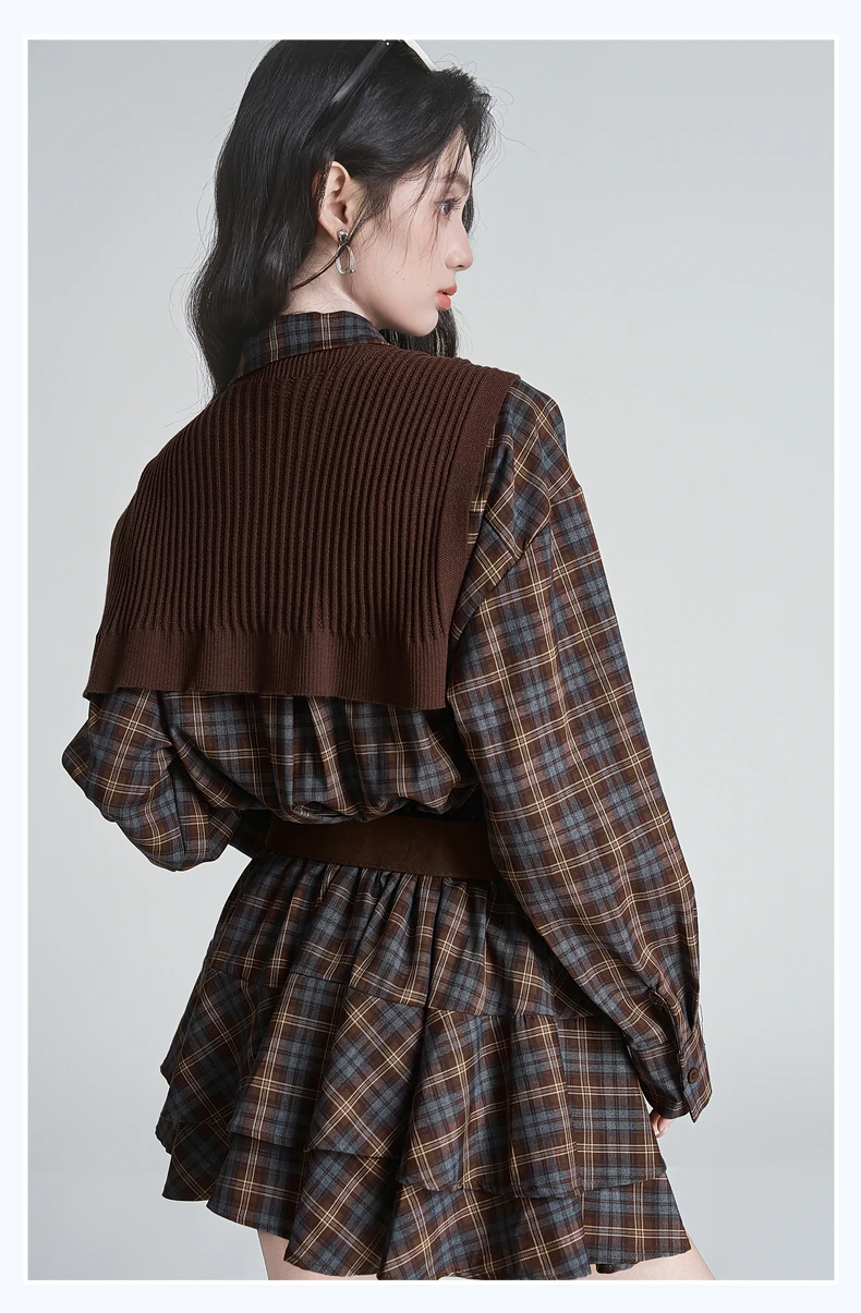 2025 Spring and Autumn Vintage Coffee Blue Gray Plaid Polo Collar Waist-Cinching Long Sleeve Shirt Short Skirt Knitted Shawl Set