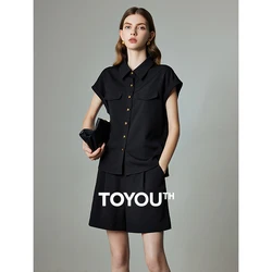 TOYOUTH Women Two Piece Sets 2024 Summer New Long Sleeve Jacquard Shirt With Wide Leg Shorts Black