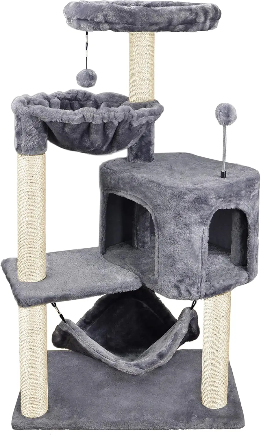 Grey Cat Tree with Multi-Level Condo, Large Hanging Hammock, and Scratch Post for Indoor Cats