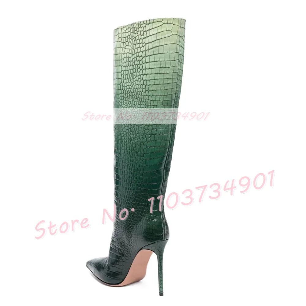 Ombre Crocodile Pointy Knee High Boots Women Trendy Slip On Stiletto High Heels Shoes Slim Sexy Mixed Colors Big Size Chic Boots