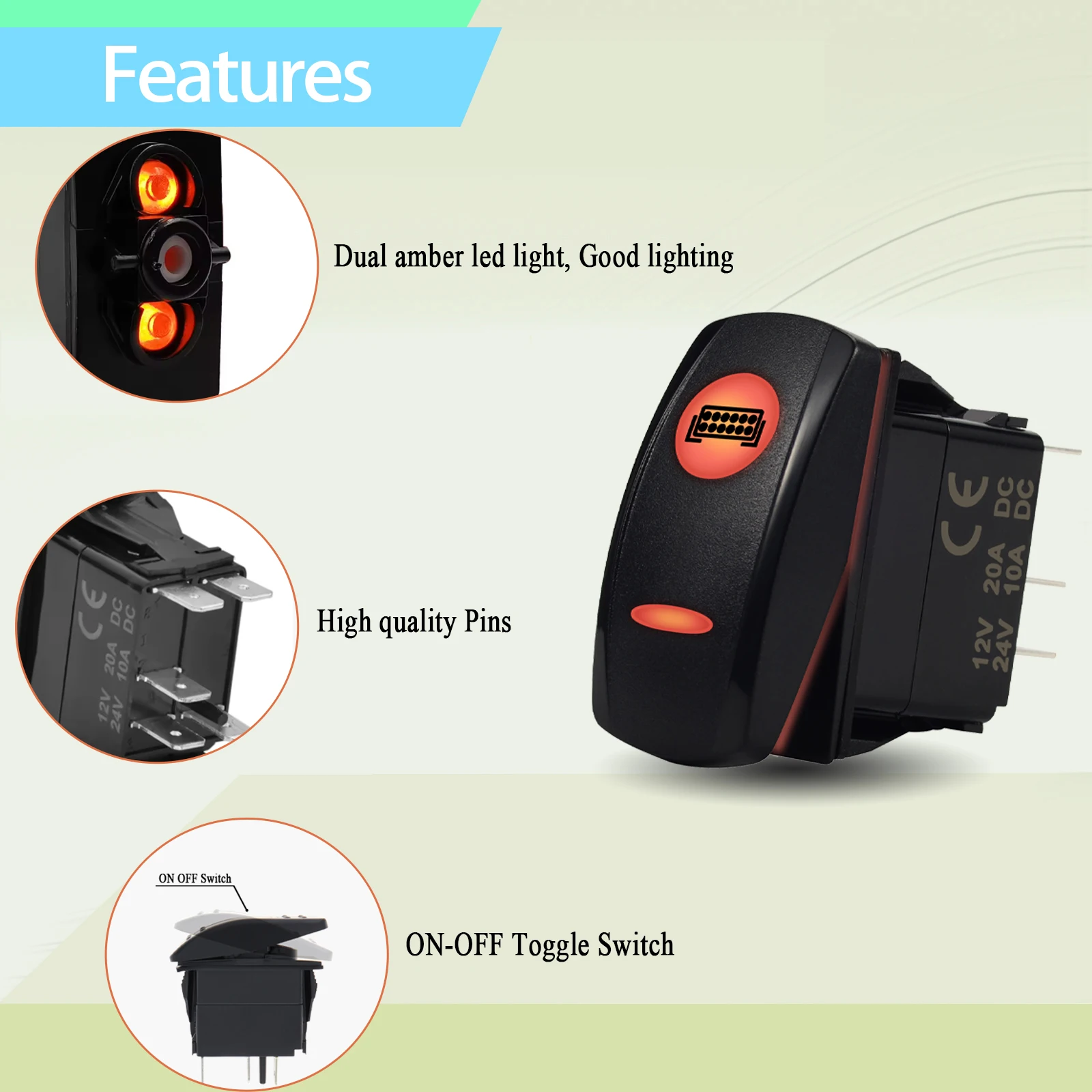 12V 20A Rocker Switch Amber Led Light Bar Spot Fog Light SPST ON OFF Toggle Momentary Switch for Boat Car Truck Van ATV UTV RZR