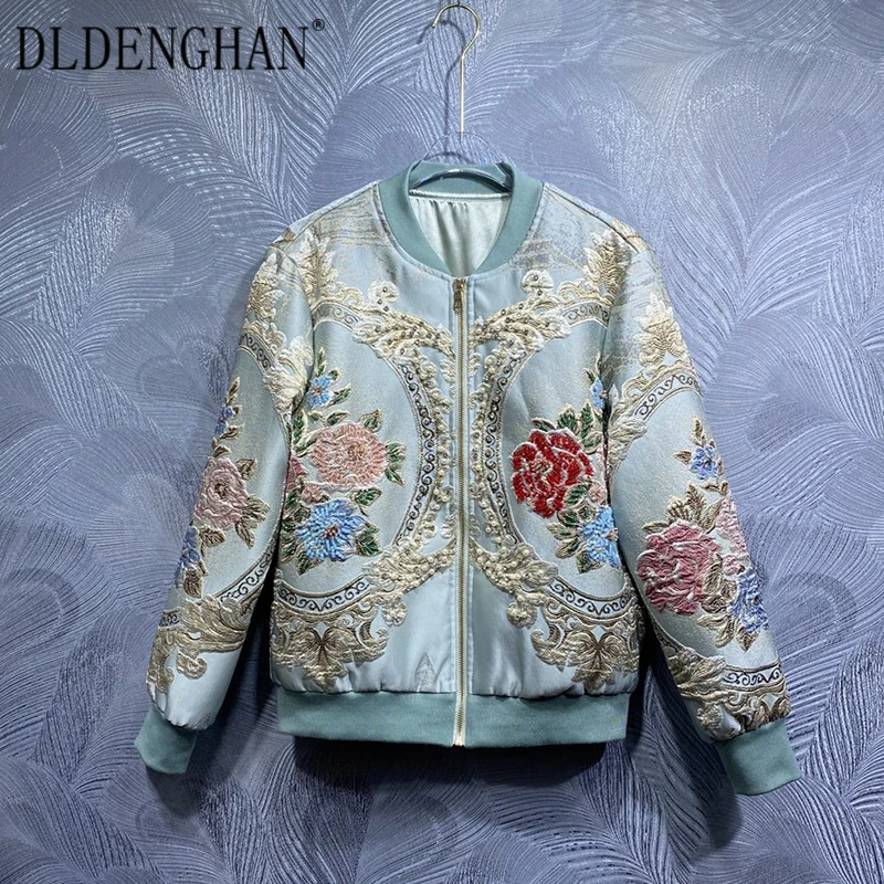 

DLDENGHAN Beading Jacquard Jacket For Women O-Neck Long Sleeves Pockets Vintage Jacket Autumn Fashion Runway New