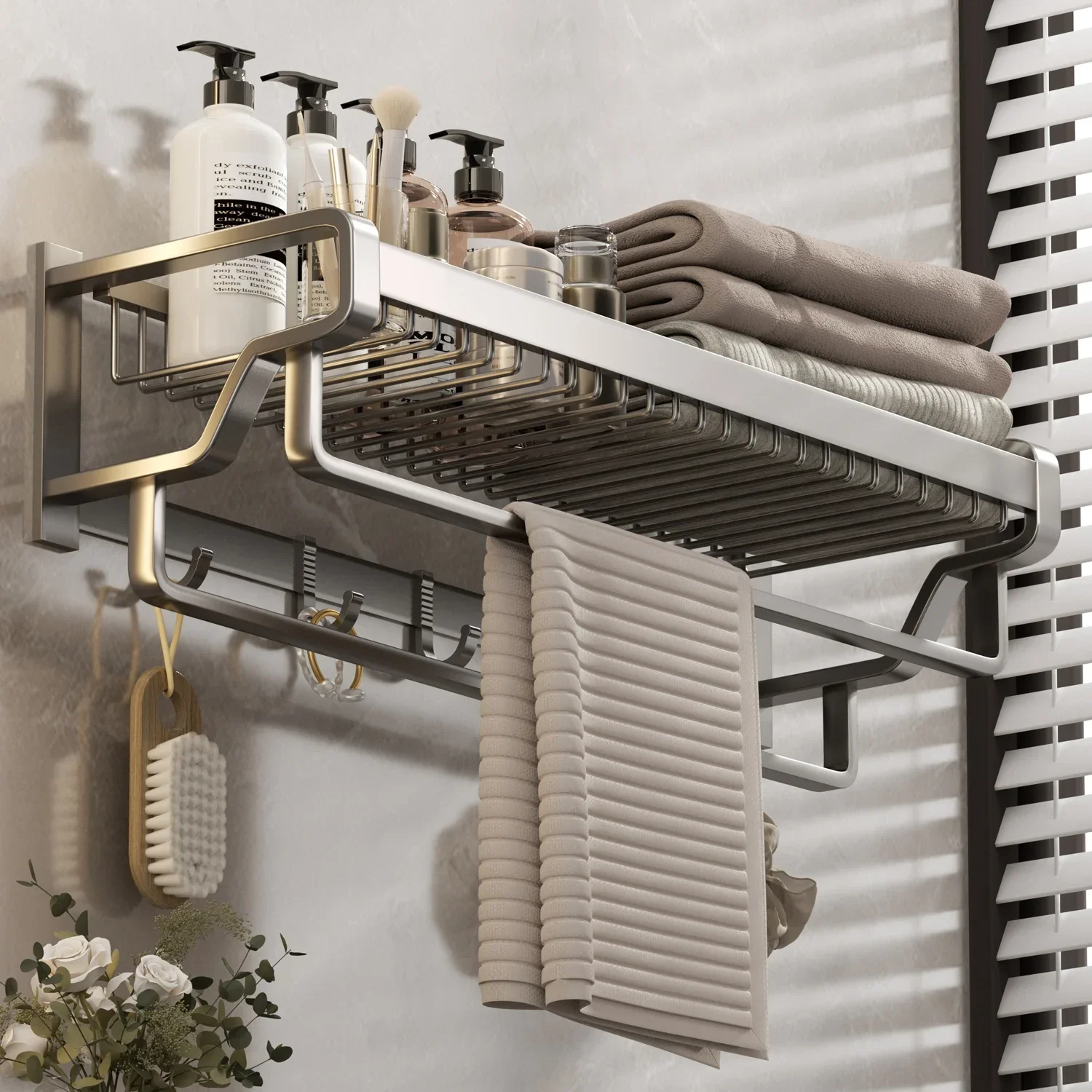 

Bathroom Shelf Towel Hanger Rack Wall-mouted Double Rod Mesh Basket Towel Rack Holder Toiletries Storage Bathroom Wall Shelves