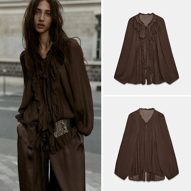 

Elegant Long Sleeve Layered Decorative Drapey Shirt Women's Fashion New Arrival Ladylike Style Autumn Collection 2025