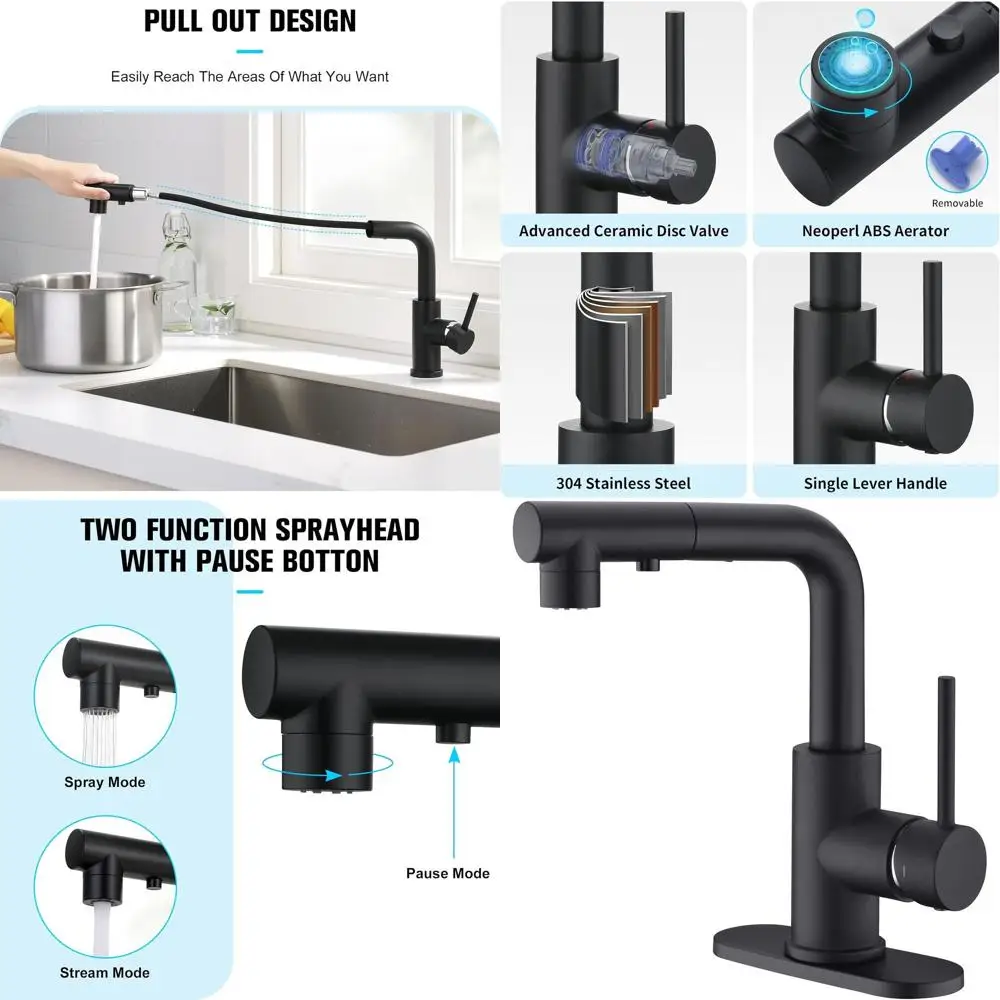 Torneira de cozinha com spray pull-down, misturador de pia de banheiro com alça única, mini torneira de preparação de barra, torneira utilitária de 3 ou 1 furo, mangueira externa f