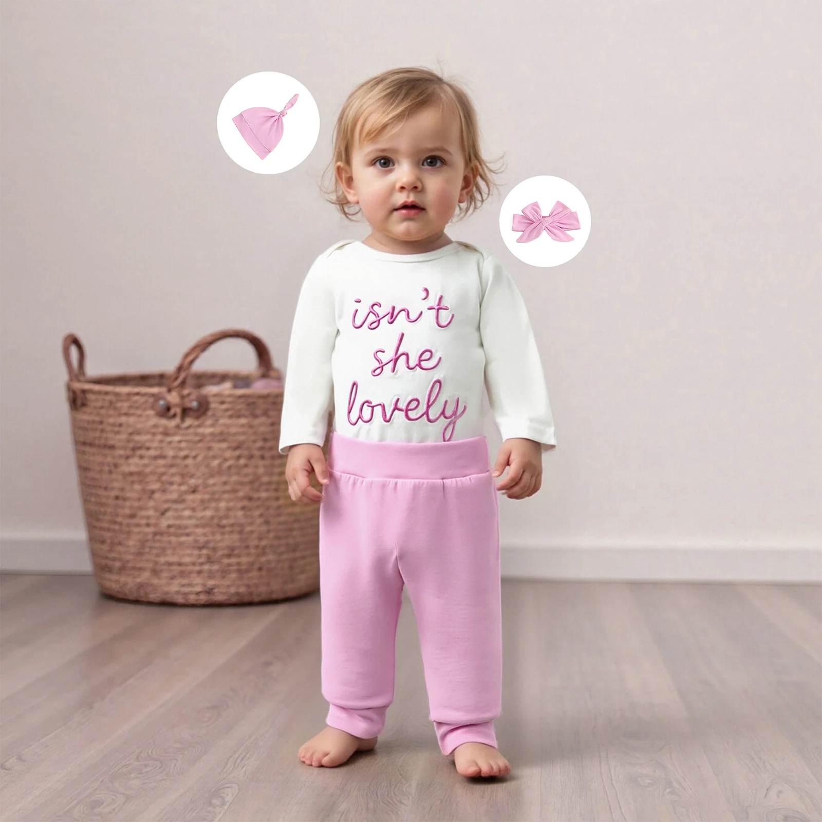 

Baby Girls 4 Piece Outfit Long Sleeve O Neck Letter Embroidery Jumpsuit Bow Headband Elastic Waist Pants and Hat Set