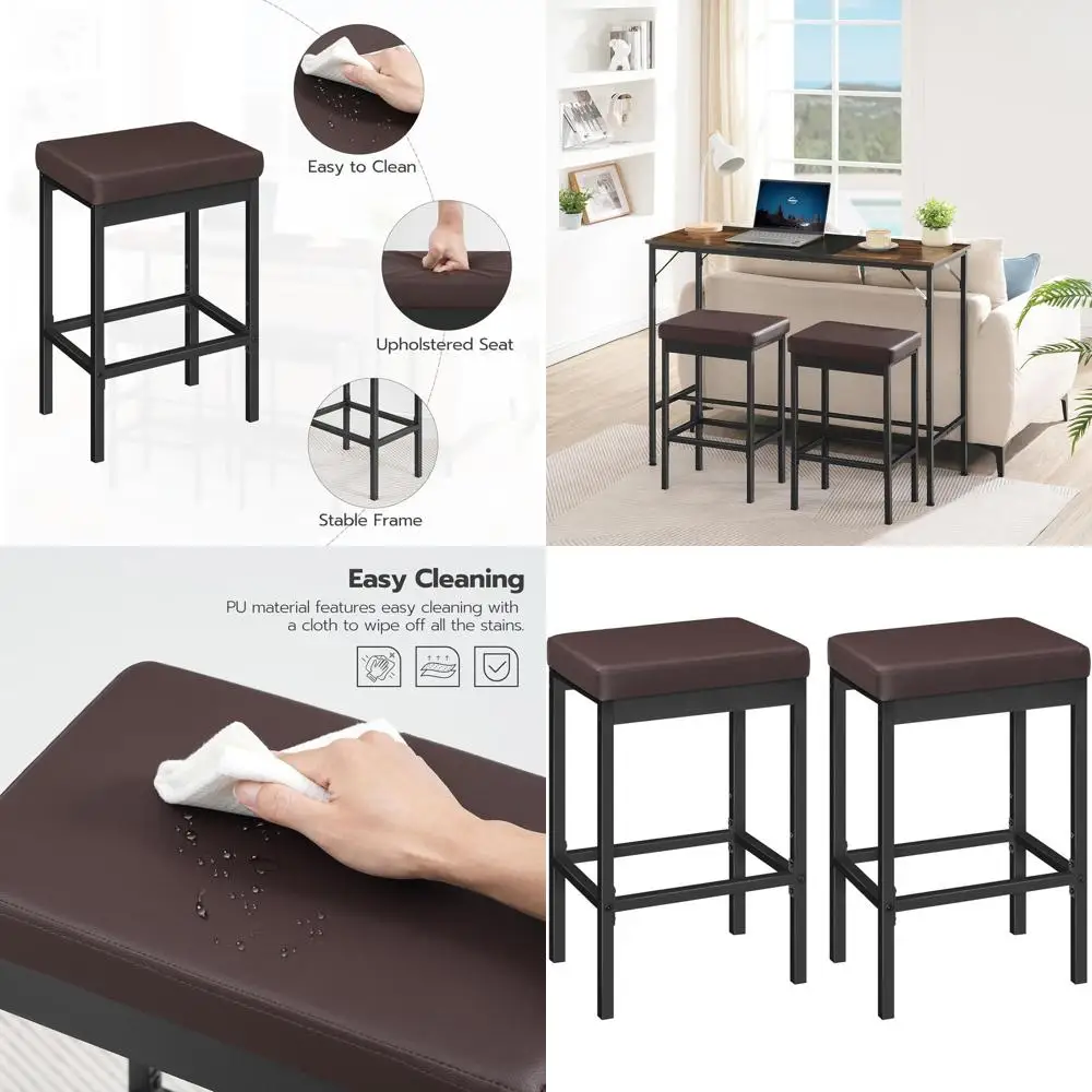 

Set of 2 24.8 Breakfast Bar Stools, Thick Upholstery, Kitchen & Dining Room, Brown/Black