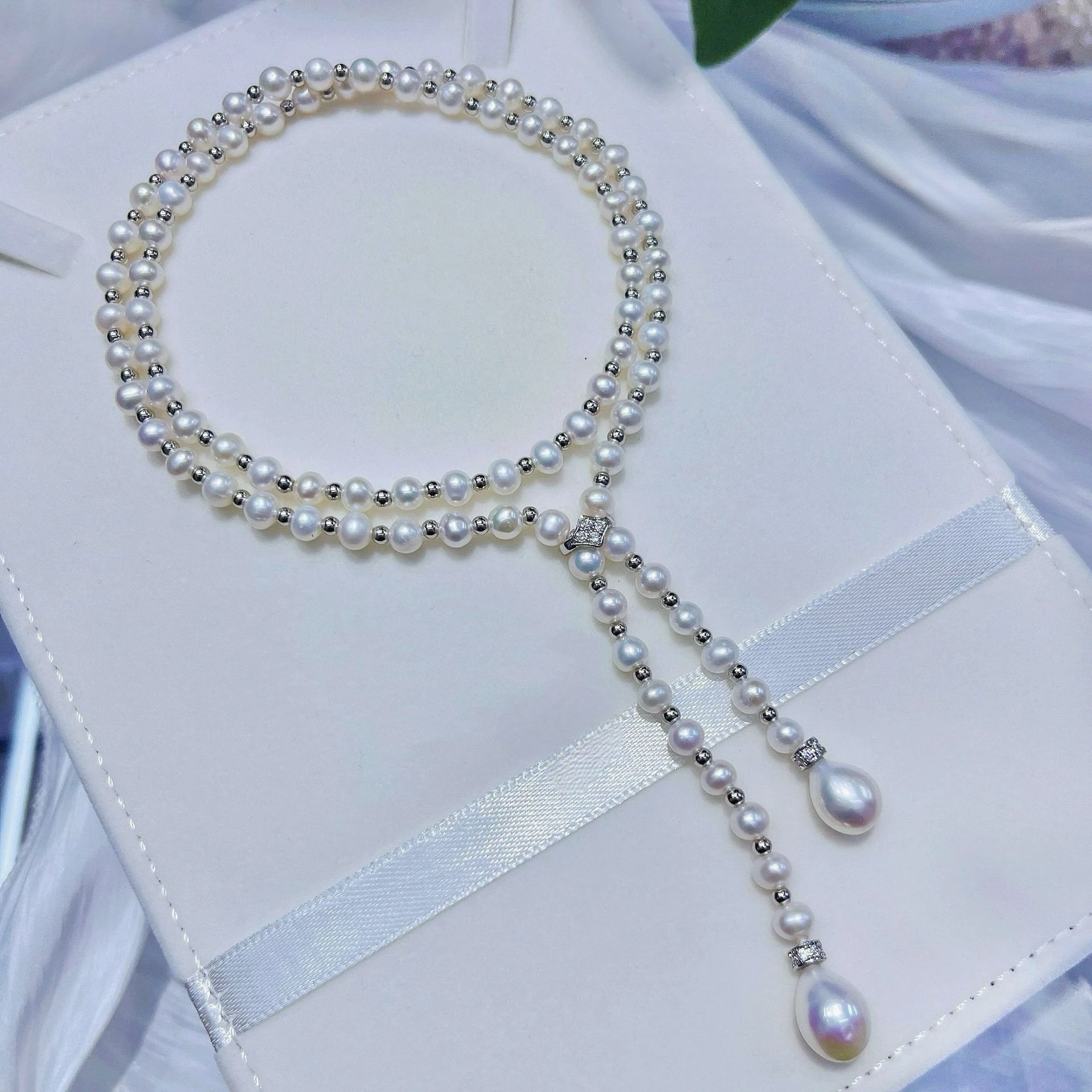 Natural Freshwater Pearl Long Necklace - Multi-Wear High Quality Chain with 5-6mm Near-Round & 8-9mm Rice Pearls