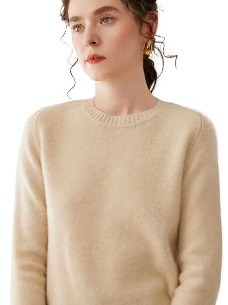 

Ordos 100% pure cashmere shirt women's round neck pullover thickened sweater loose knitted wool bottoming shirt