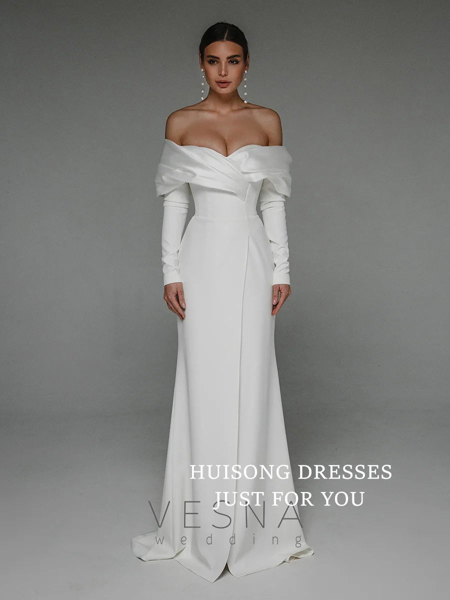 

HUISONG Customized Satin Mermaid Wedding Dresses Off the Shoulder Long Sleeves Beach Bridal Gown свадебное платье