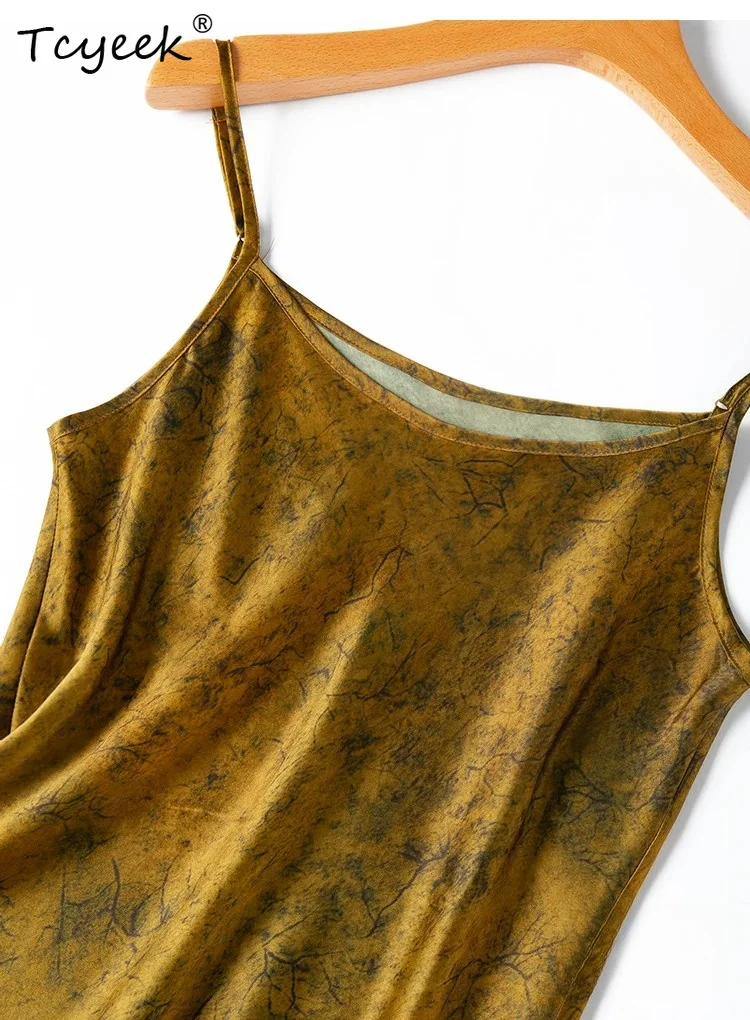 Tcyeek 100% Real Mulberry Silk Woman Tops 21MM Silk Ladies Clothes 2026 Summer Vintage Golden Yellow Fitted Tanks Top Ropa Mujer